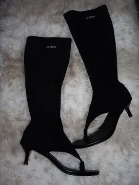 Black Knee-High Open-Toe Heeled Boots